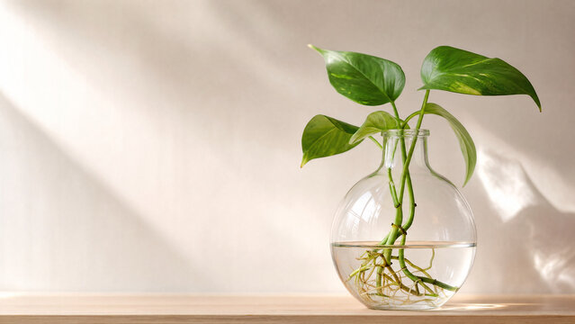 Round glass carboy with plant cutting, water propagation decor.