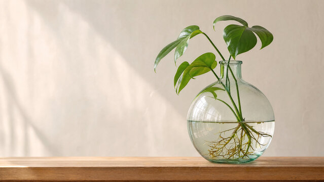 Round glass carboy with plant cutting, water propagation decor.