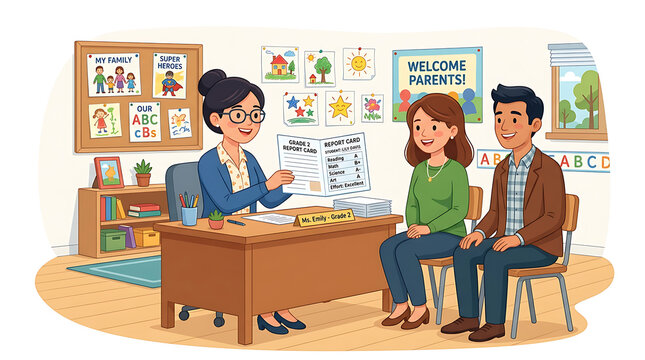 Teacher discussing report card with parents in a primary school classroom