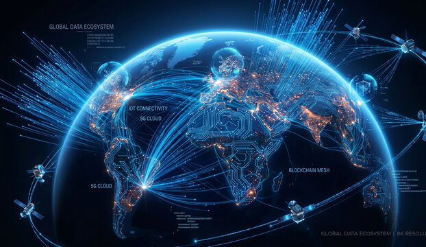 Ultra-detailed view  Earth from space illuminated by global digital connectivity. Bright blue fiber-optic data streams radiate outward from  planet&rsquo;s surface, representing high-speed internet