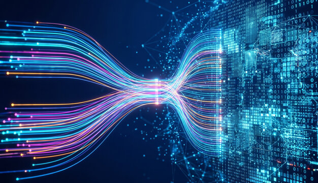 Futuristic artificial intelligence and big data visualization showing multiple streams of glowing multicolored data lines converging and transforming into a massive digital