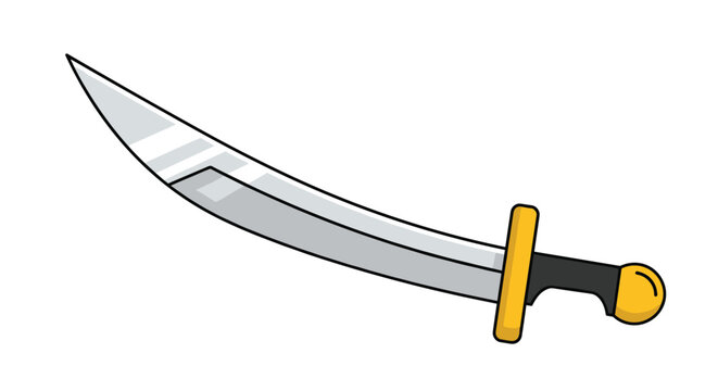 Stylized cartoon illustration of a curved scimitar sword with a silver blade and a golden hilt for gaming or pirate themes.
