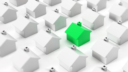 Red house stands out among white houses. 3D illustration © Destina
