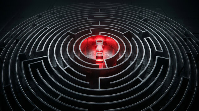 Circular black labyrinth with glowing red center, complex dark maze structure, conceptual mystery puzzle for business strategy and problem solving