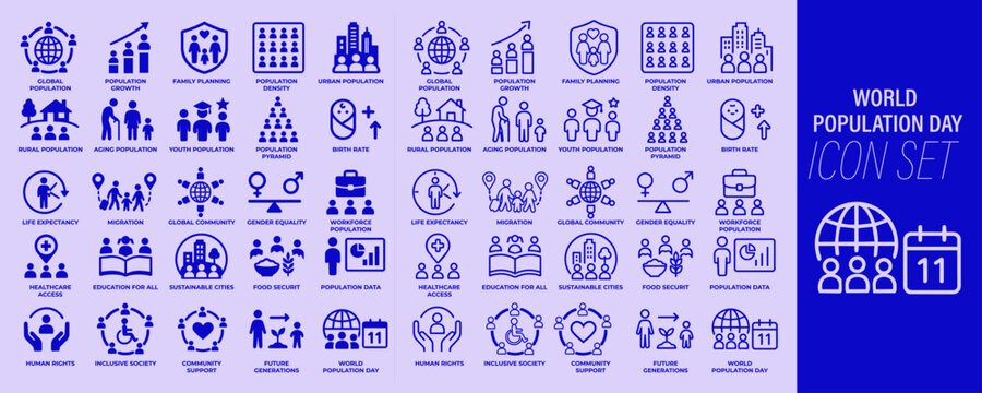 World population day icon set with demographic statistics, census data and community awareness line icons in monochrome blue style