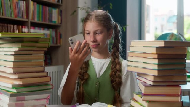 Lazy Caucasian little girl feeling boring with study school homework child kid start browsing mobile phone app enjoying internet gadget addict pupil at table with two big piles books ignore studying
