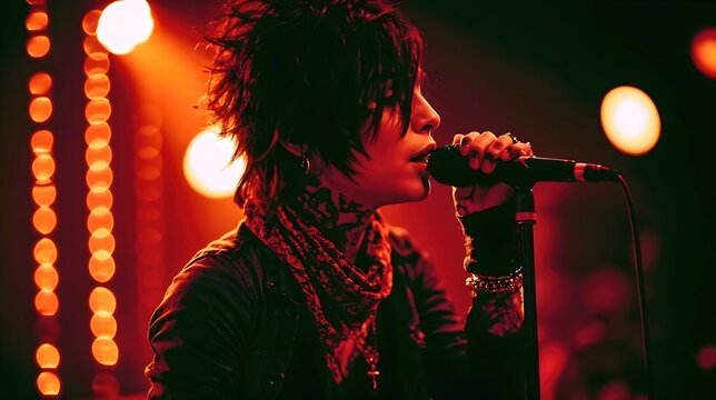 Chanteur sur sc&egrave;ne tenant un microphone sous les projecteurs rouges