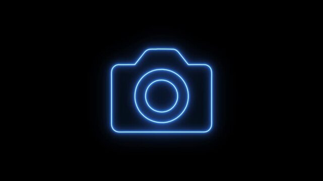 Animated Neon Video Camera Icon. Glowing Camera Frame Pictogram Animation. Neon Camera Icon Animation on Black Background