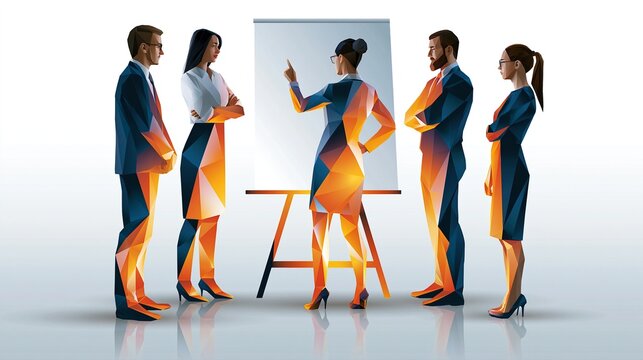 &Aacute;&permil;quipe de professionnels en r&eacute;union cr&eacute;ative avec style g&eacute;om&eacute;trique color&eacute;