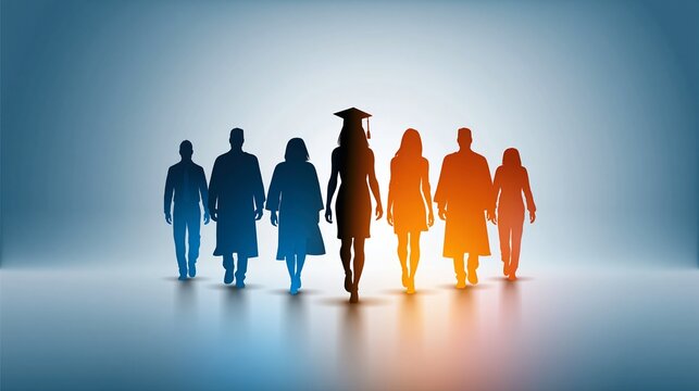 Silhouettes de personnes avec une dipl&ocirc;m&eacute;e au centre portant sa toque
