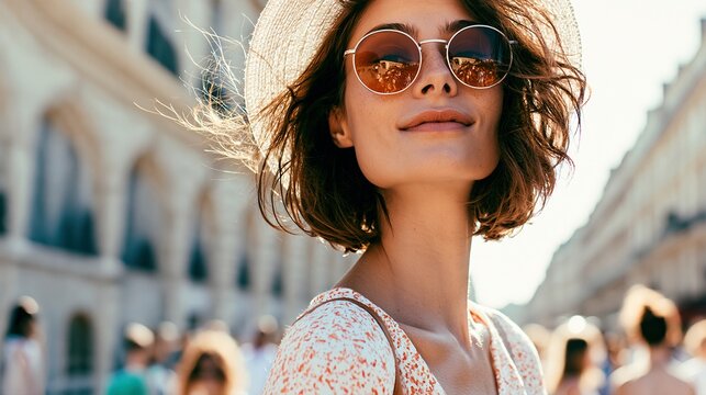 Jeune femme souriante avec chapeau et lunettes de soleil dans une rue