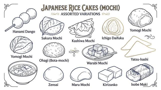 Assorted Japanese Rice Cakes (Mochi) with Various Sweet Fillings and Toppings.