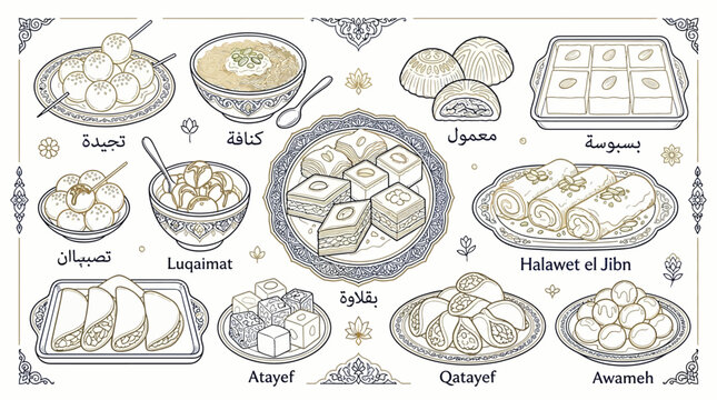 A collection of traditional Middle Eastern desserts and sweets, beautifully illustrated in a vintage style.
