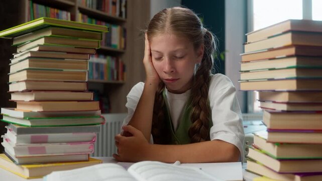 Irritated Caucasian little girl child school kid writing throwing pen feeling irritation unsuccessful studying learning preparing for exams failure pupil with many books write schoolwork study learn
