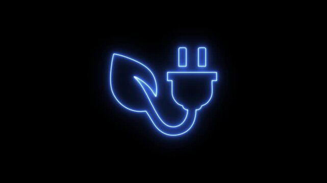 Eco Friendly Electricity Symbol with Blue Neon Glow. Green Energy Plug and Leaf Neon Icon on Black Background