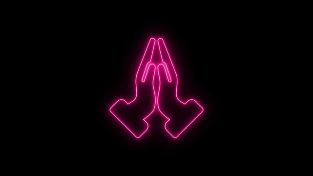 Neon Praying Hands Icon Glowing Pink Spiritual Symbol. Prayer Hands Neon Sign on Black Background