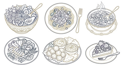 A collection of six delicious and healthy food illustrations, including salad, pasta, soup, grilled vegetables, appetizers, and a berry tart. © Nuria