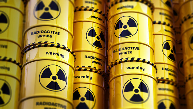 Yellow radioactive barrels stack with warning signs. 3D illustration
