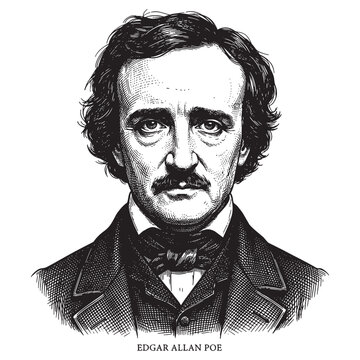 Edgar Allan Poe Portrait, Detailed Vintage Engraving of American Gothic Poet