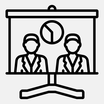 Two voters and pie chart on stand line icon, democracy day concept. Vector graphics. Whiteboard with lecturers sign outline style icon mobile or web design.