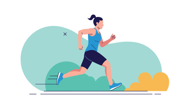 Active woman is shown jogging or running quickly through a park with abstract green and orange shapes suggesting a natural landscape.