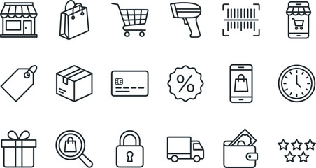 Shopping and ecommerce store line icon set with retail market cart delivery truck payment barcode symbols for business © MOMINA