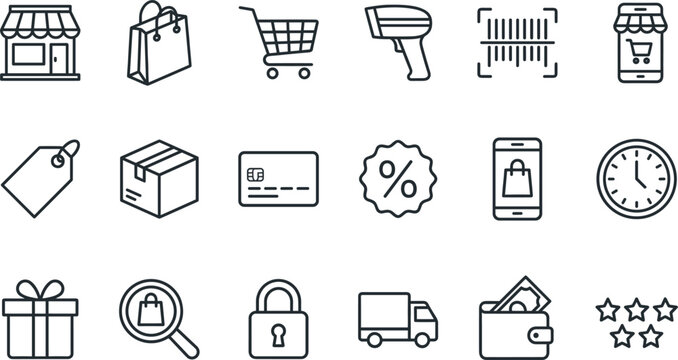 Shopping and ecommerce store line icon set with retail market cart delivery truck payment barcode symbols for business