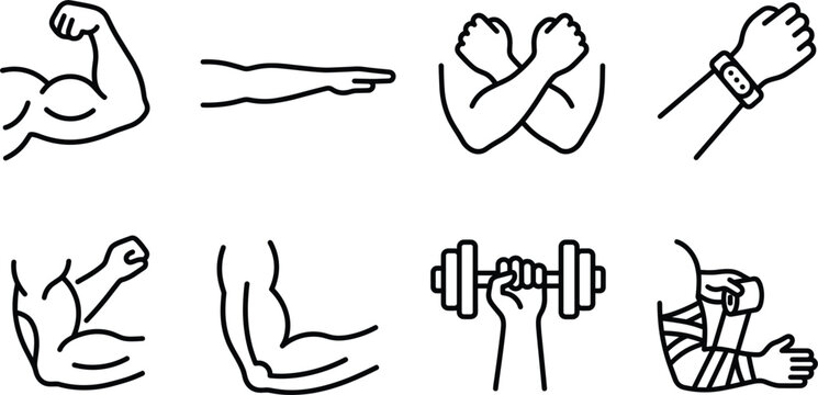 Strong arm icon set representing fitness muscle workout bodybuilding weightlifting sports training health bandaging wearable technology strength.