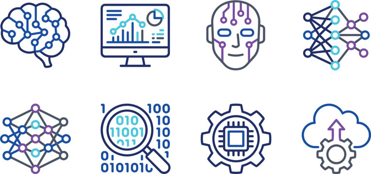 Artificial intelligence icon set representing machine learning neural network big data cloud computing cybernetics robotics automation digital brain.