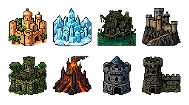 Pixel art fantasy environment assets featuring castles, fortresses, swamp hut, ice castle, jungle tower and volcano stronghold, perfect for games, maps and rpg interfaces