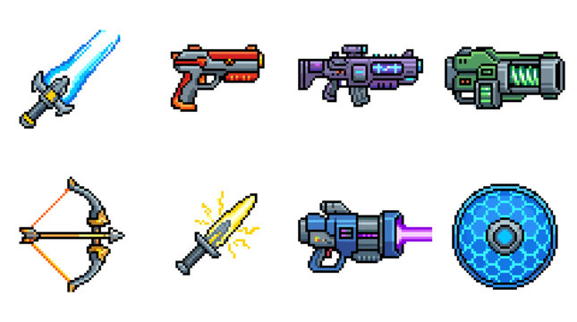 Vibrant pixel-art set of eight game menu icons: diverse weapons and gear from futuristic blasters and lasers to fantasy swords, bows and shields on a clean white background