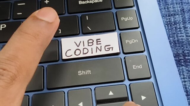 Close up of user finger click or push vibe coding word or text key on laptop computer keyboard. Simple and easy AI prompt based futuristic programming automatic code writing technology concept.