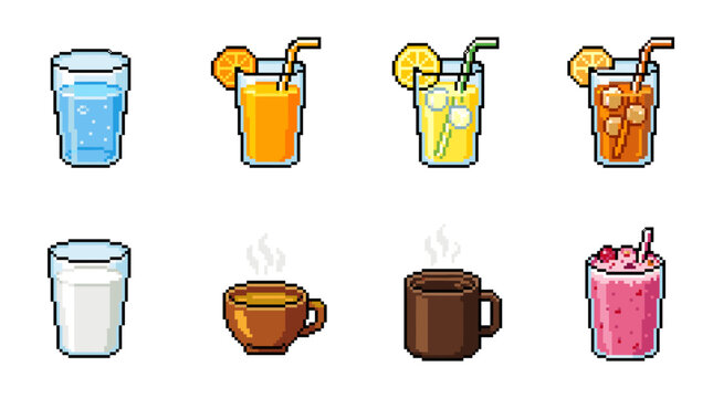 Eight pixel-art drink icons: water, milk, juice, lemonade, iced tea, coffee, hot tea, and a berry smoothie in retro 8/16-bit style for ui, game or web design