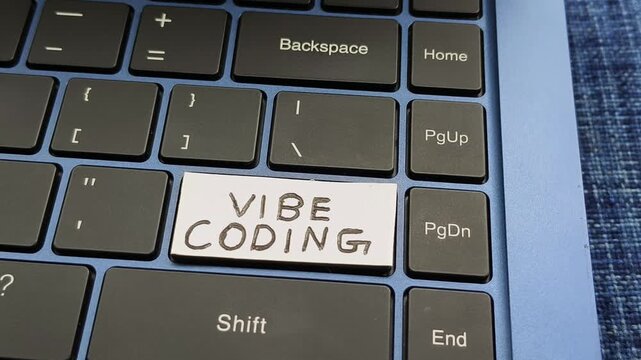 Vibe coding word or text on laptop computer keyboard key. Simple and easy artificial intelligence prompt based futuristic programming automatic code writing technology concept.