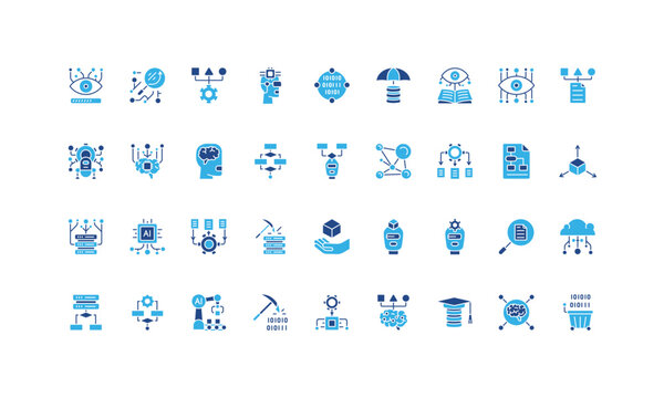 Machine learning, digital algorithm system, process of tech data automation, classification glyph icon set. Model processing, circuit and network solid symbols vector illustration