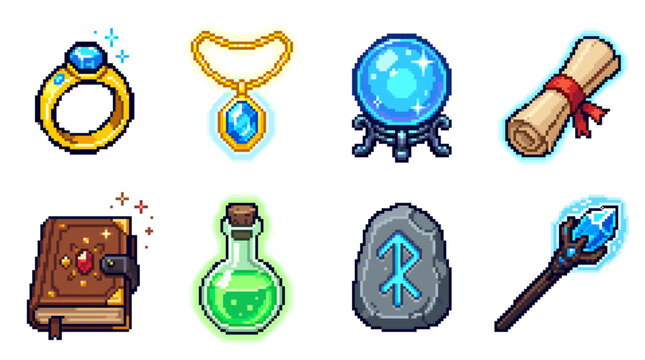 Set of pixel art fantasy game icons featuring various magic items for rpgs, quests, and adventure games, providing versatile design elements for inventory systems and power-ups