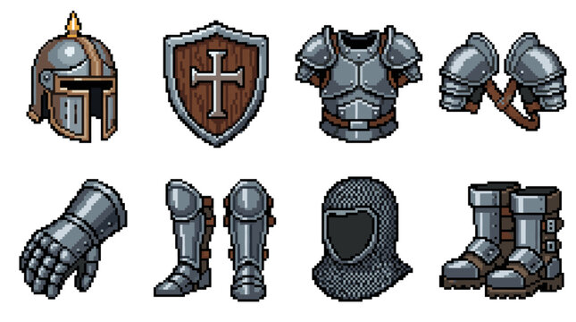 Pixel art collecting knight armor set, including helmet, shield, breastplate, pauldrons, gauntlet, greaves, coif, and boots for fantasy rpg video game interface icons