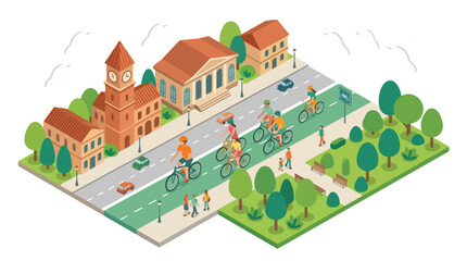 Fototapeta premium Cycling City Bike Tour Isometric Urban Commute Illustration with Park Streets Buildings and Pedestrians