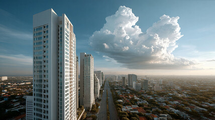 Obraz premium High rise office tower urban skyline city building cloud, modern architecture overlooking expanding district at sunset
