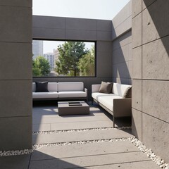Obraz premium Modern balcony with white sofas and coffee table overlooks cityscape and green trees. Minimalist outdoor living space with grey tiled walls and floor, city view window.
