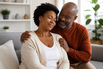 Obraz premium A middle-aged couple is embracing and smiling while sitting on a modern sofa indoors.