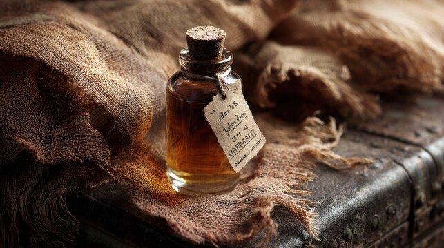 Antique bottle with aged label and cloth