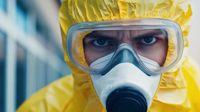 Intense Close-Up of a Worker in Protective Gear Demonstrating Safety and Precaution in Hazardous Environments for Industrial Applications. Generative AI
