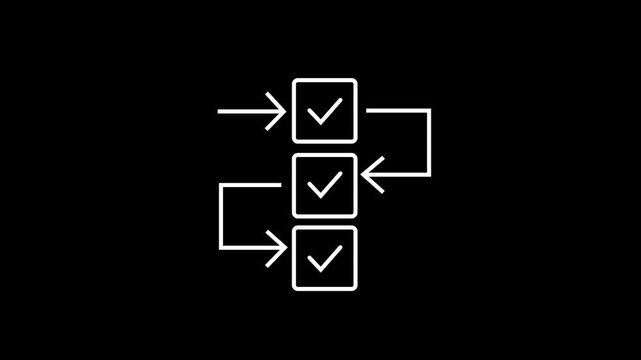 White procedural checklist box array with arrows flow loop animation, indicating project milestone completion, task manager fulfillment,and business operational efficiency dashboard.