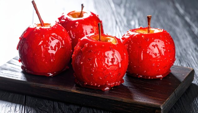 Glistening Red Candied Apple Wedges Displaying Vibrant Sugar Glaze and Crisp Texture on Dark Surface