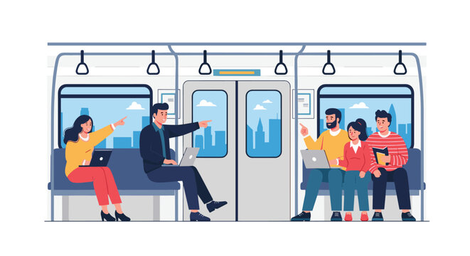 Diverse group of commuters are sitting inside a modern subway train car with some people using laptops while looking out the windows.