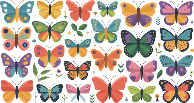 Generative AI vector illustration of colorful flat butterfly icons collection with spring garden design elements isolated on white background