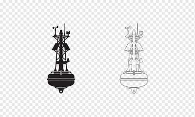 Fototapeta premium Marine navigation and weather monitoring buoy for oceanography, vector line and silhouette icon