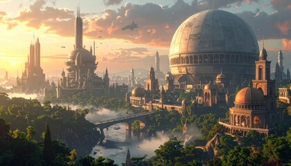 Fototapeta premium A sprawling, futuristic city at sunset, blending classical architecture with high-tech elements