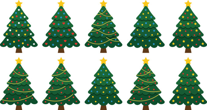 Christmas tree vector cartoon set with decorated evergreen pines golden stars baubles tinsel lights ornaments collection isolated on white background for holiday design